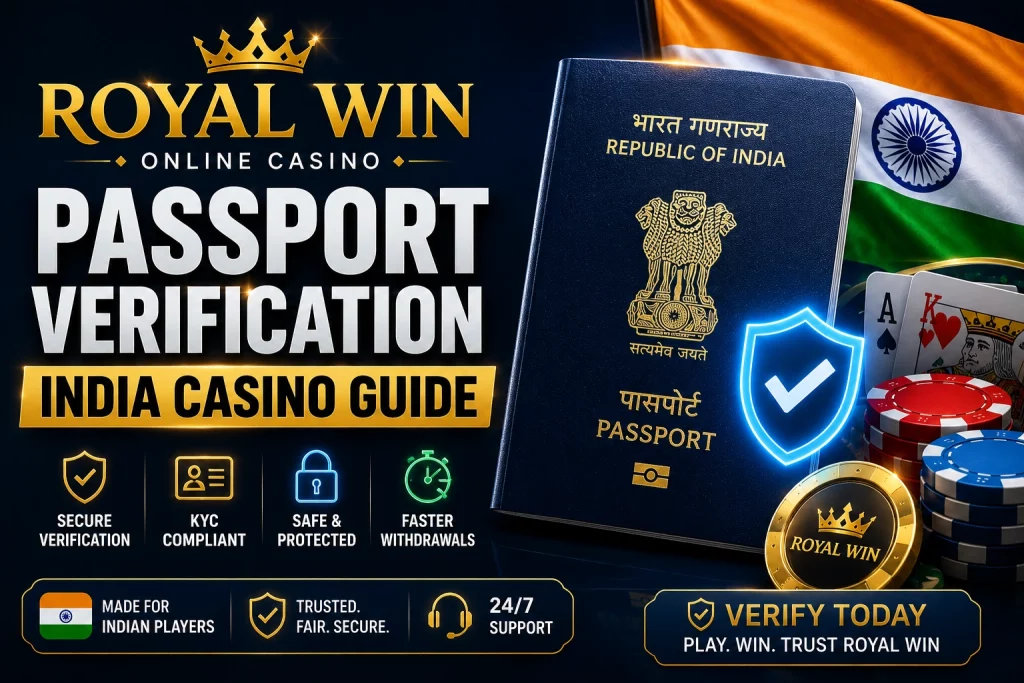 Royal Win Passport Verification India Casino Guide banner with Indian passport, secure KYC shield, casino chips and cards
