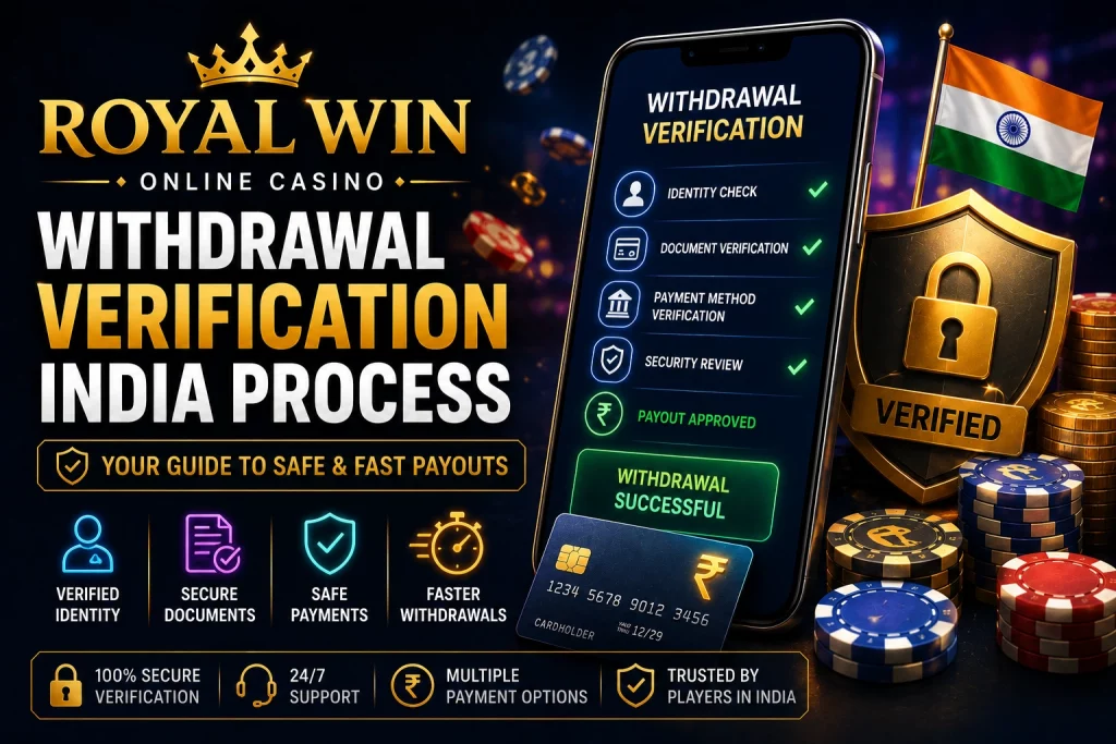 Royal Win Withdrawal Verification India Process banner with payout checklist, secure payment icons, verified shield, Indian flag and casino chips