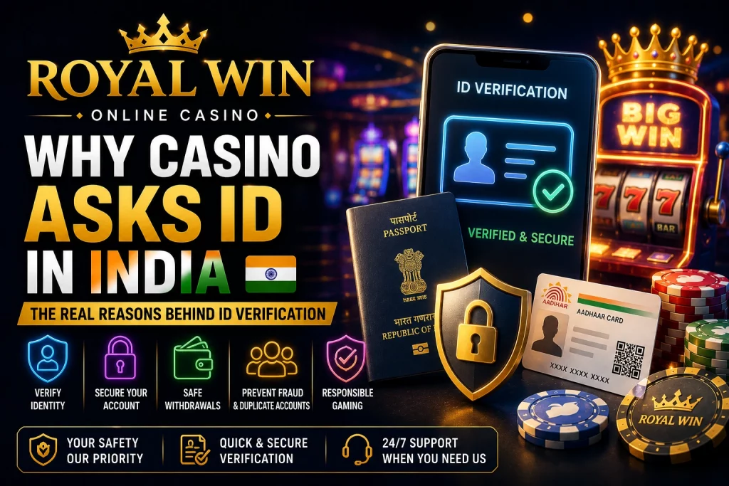 Royal Win Why Casino Asks ID in India banner with Aadhaar-style ID card, verification shield, mobile KYC screen and casino chips