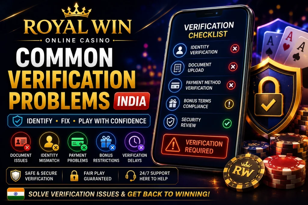 Royal Win Common Verification Problems India banner with verification checklist, document issues, payment problems, security shield and casino chips