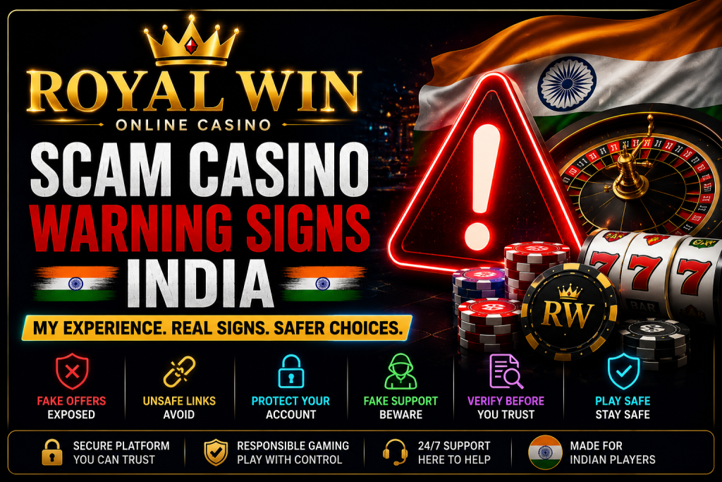 Royal Win banner for “Scam Casino Warning Signs India” with warning symbol, Indian flag, casino chips, slot machine, and safety icons for fake offers, unsafe links, account protection, and responsible play.
