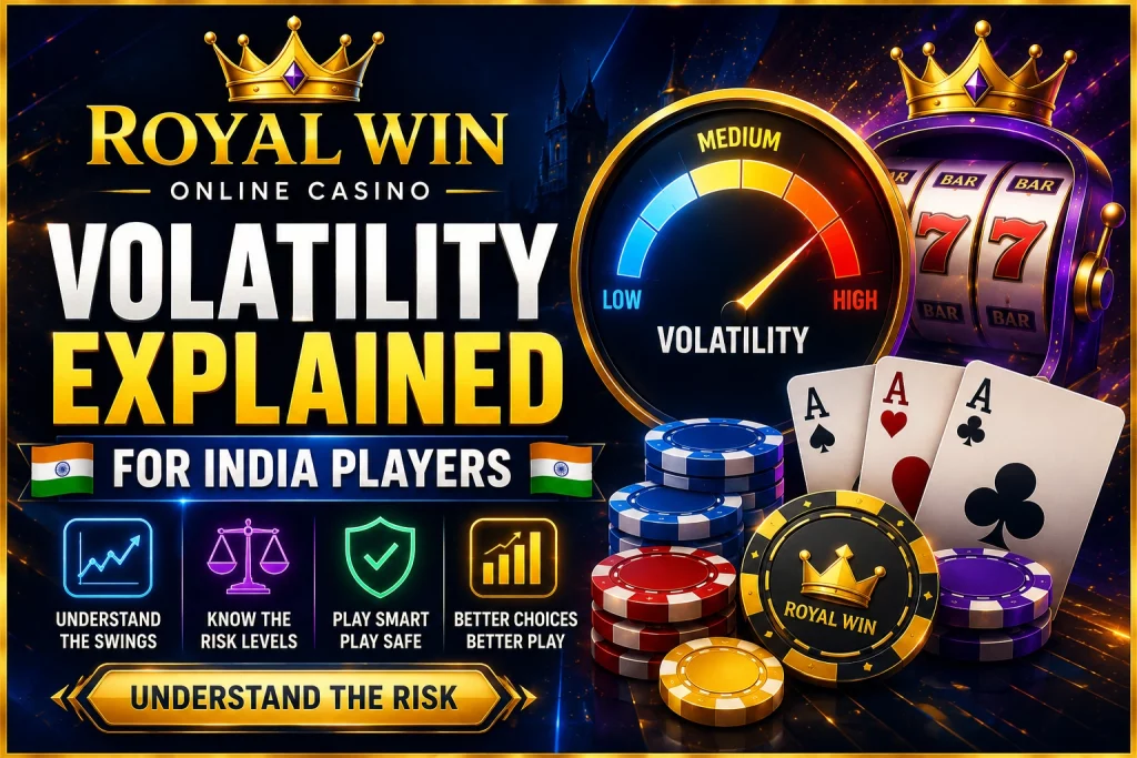 Royal Win Volatility Explained for India Players banner with volatility gauge, slot reels, casino chips, cards and blue-gold gaming design.