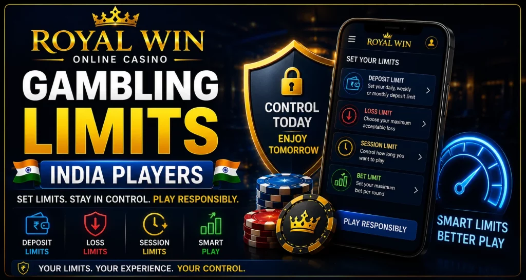 Royal Win Gambling Limits India Players banner with deposit limits, loss limits, session limits, mobile account tools, casino chips and responsible play message.