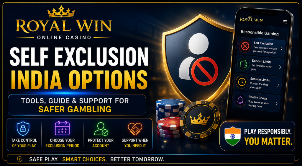 Royal Win Self Exclusion India Options banner with responsible gaming tools, self-exclusion shield, mobile account settings, casino chips and safer gambling message.
