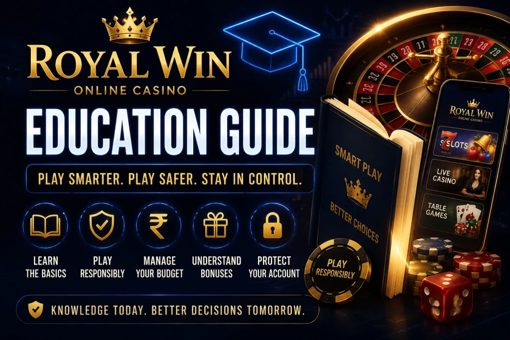 Royal Win Education Guide banner with casino learning symbols, roulette, mobile casino screen, and responsible play message