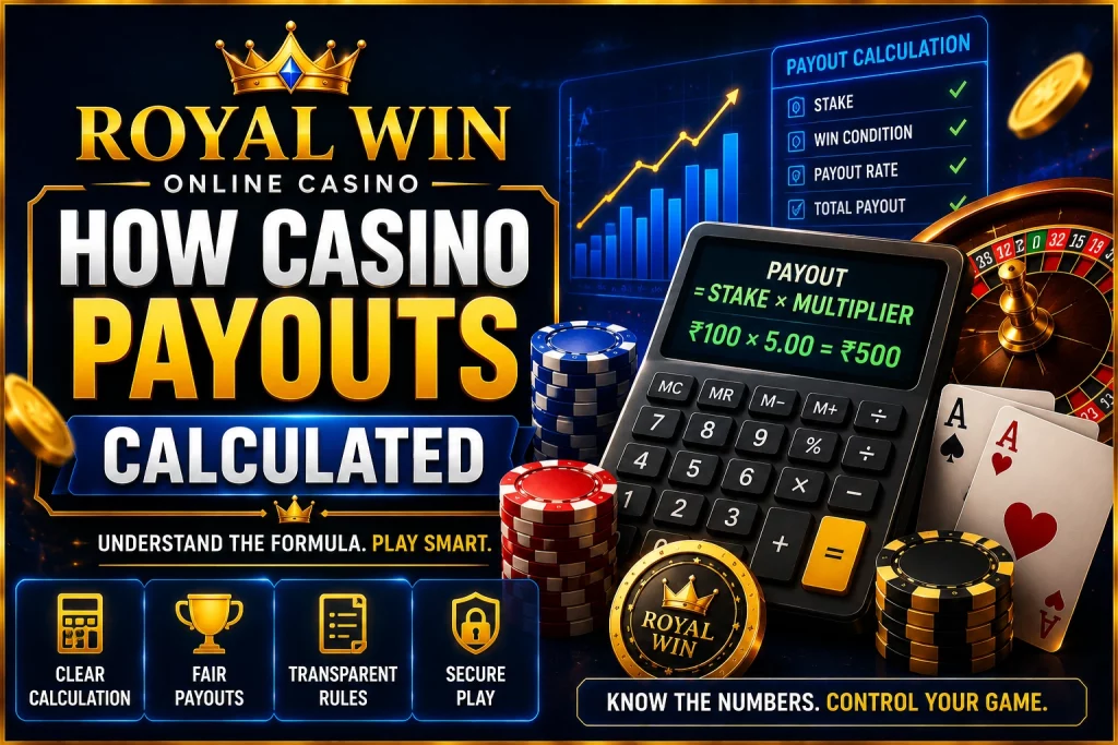 Royal Win How Casino Payouts Calculated banner with payout formula, calculator, roulette wheel, casino chips and blue-gold gaming design.