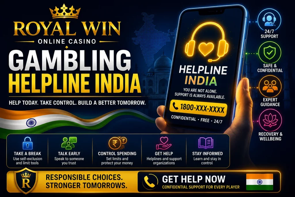 Royal Win Gambling Helpline India banner with mobile helpline support, headset icon, Indian theme, responsible gambling tools and confidential help message.