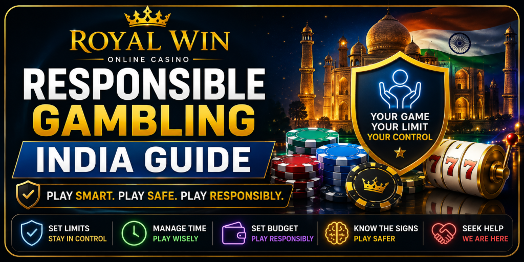 Royal Win Responsible Gambling India Guide banner with safe play shield, Indian theme, casino chips, slot machine, limit icons and responsible play message.