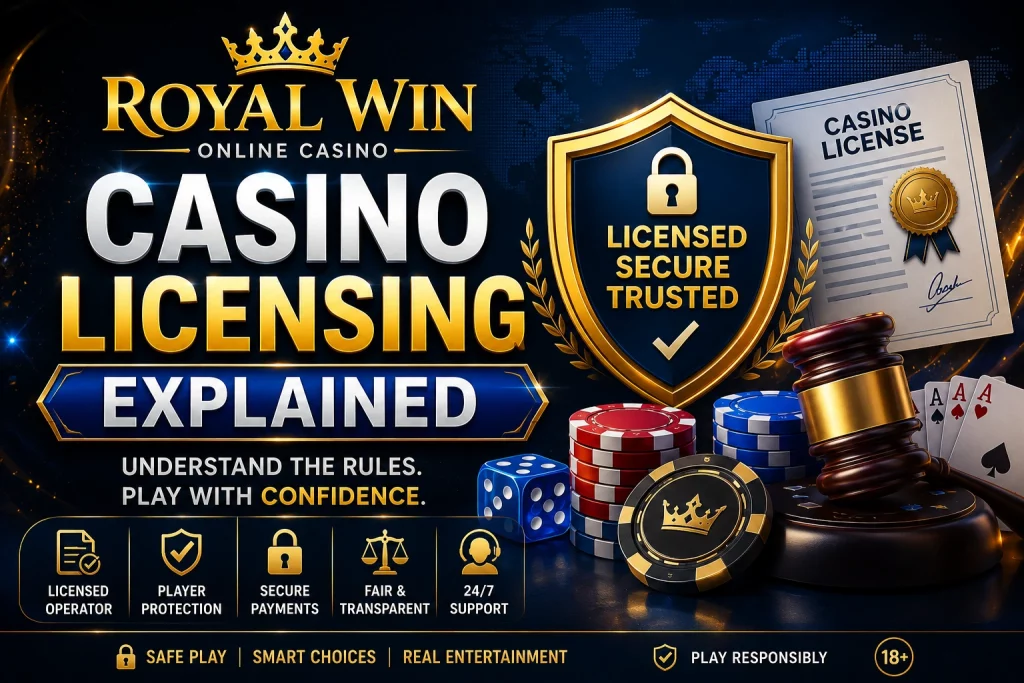 Royal Win Casino Licensing Explained banner with licence certificate, secure shield, gavel, casino chips and responsible play symbols.