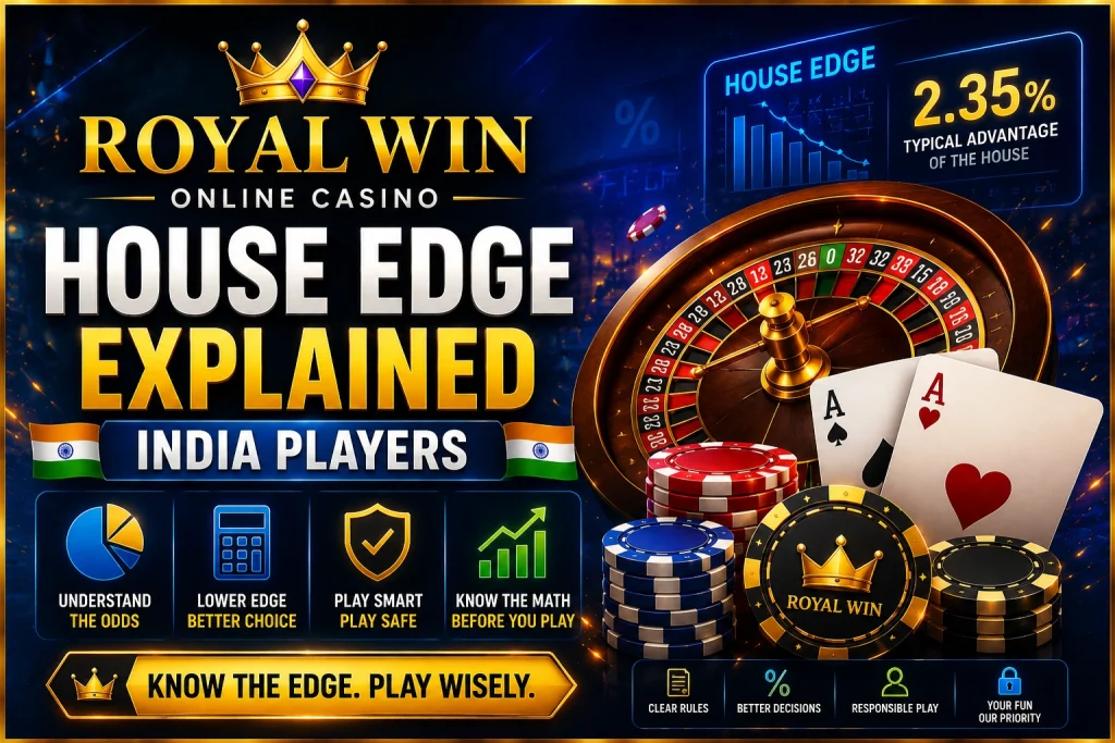 Royal Win House Edge Explained India Players banner with roulette wheel, casino chips, cards and house edge statistics.