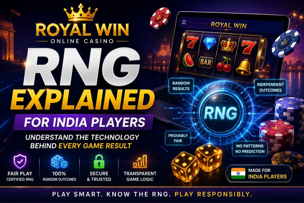 Royal Win RNG Explained for India Players banner with slot machine, glowing RNG technology, casino chips and responsible play message.