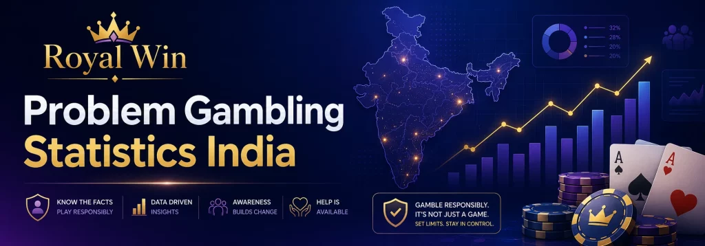 Royal Win banner for Problem Gambling Statistics India article with India map, data charts, casino chips, cards, and responsible gambling message