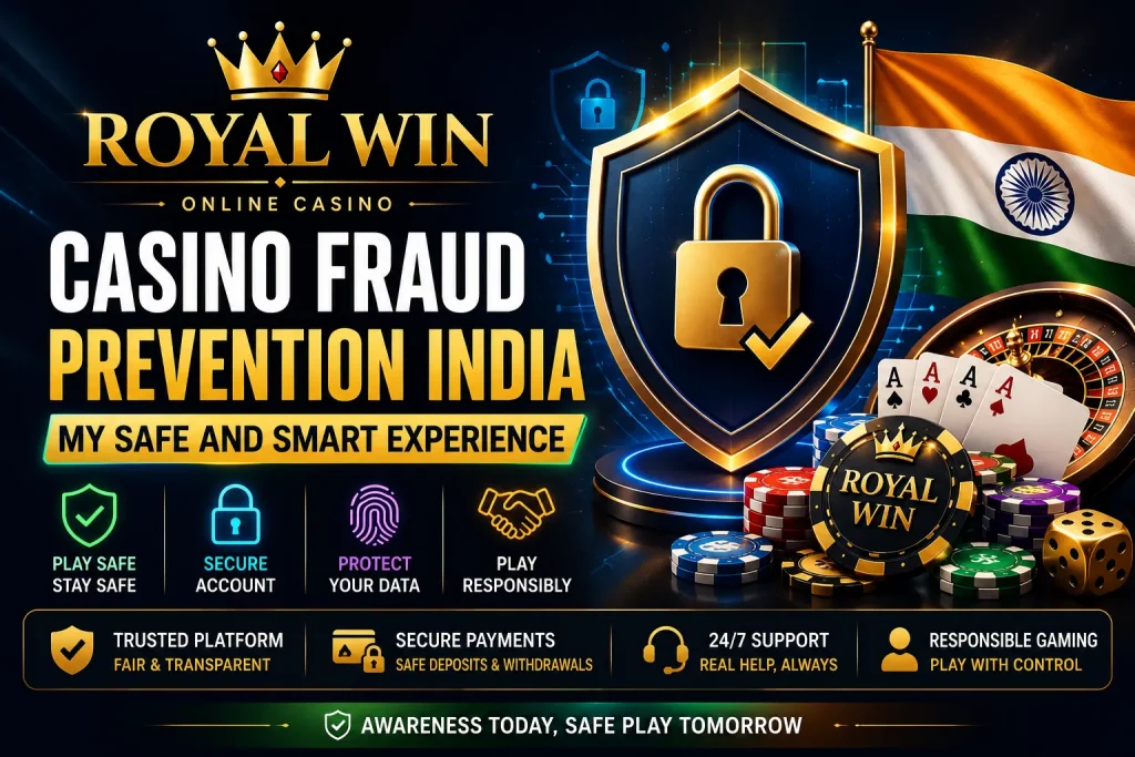 Royal Win casino banner for the article “Casino Fraud Prevention India” with security shield, lock icon, Indian flag colors, casino chips, and responsible gaming symbols.