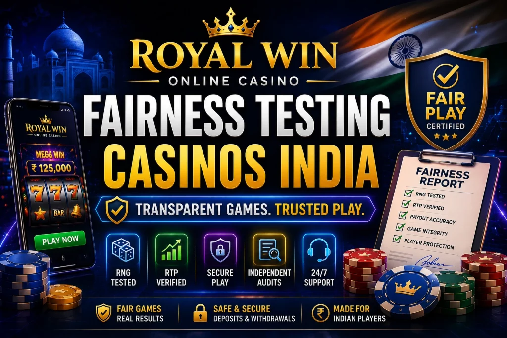 Royal Win Fairness Testing Casinos India banner with fair play certificate, RNG and RTP verification icons, casino app, chips and Indian theme.