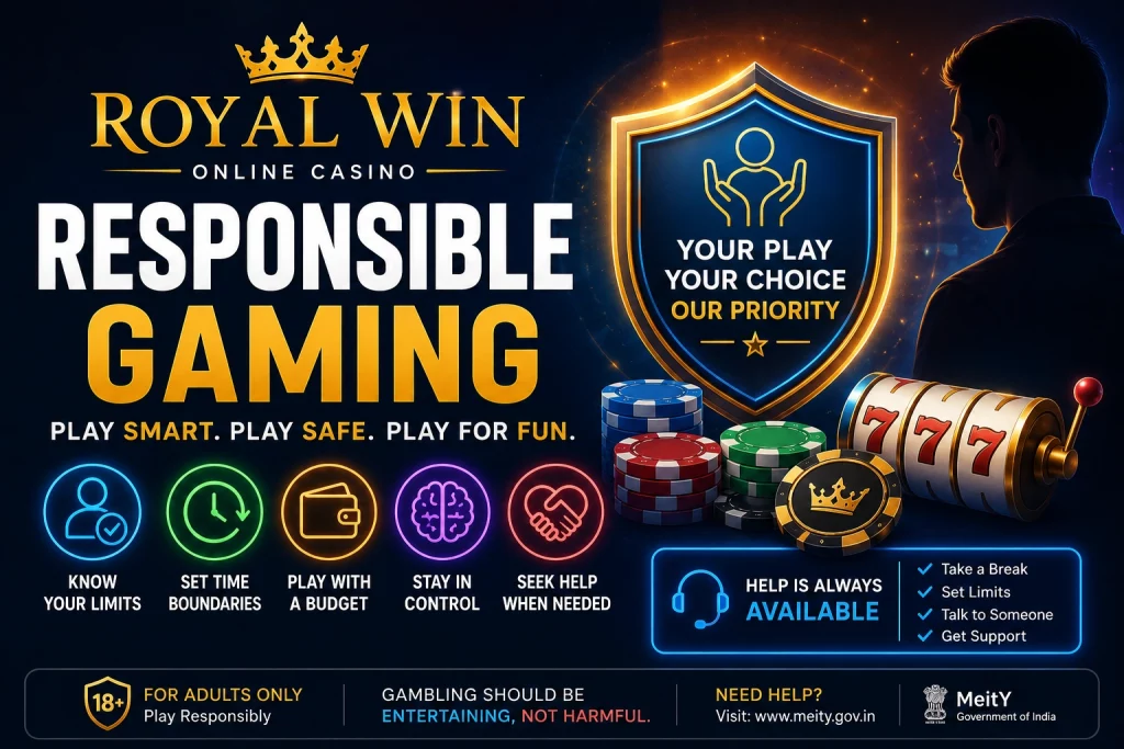 Royal Win Responsible Gaming banner with safe play shield, casino chips, slot machine, limit icons and responsible play message for adult players.