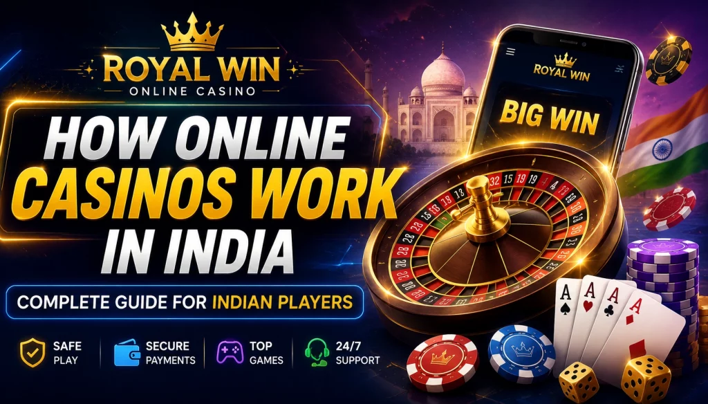 Royal Win banner for How Online Casinos Work in India with roulette, mobile casino games, payments and Indian player theme.