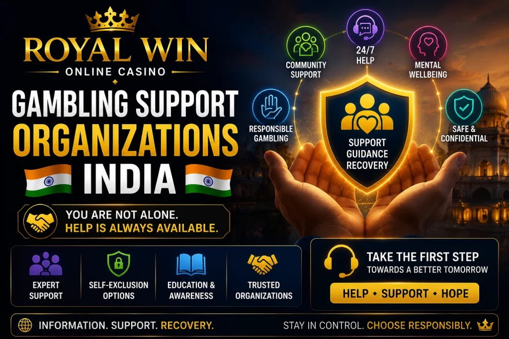 Royal Win Gambling Support Organizations India banner with support shield, helping hands, responsible gambling icons, Indian theme and recovery guidance message.