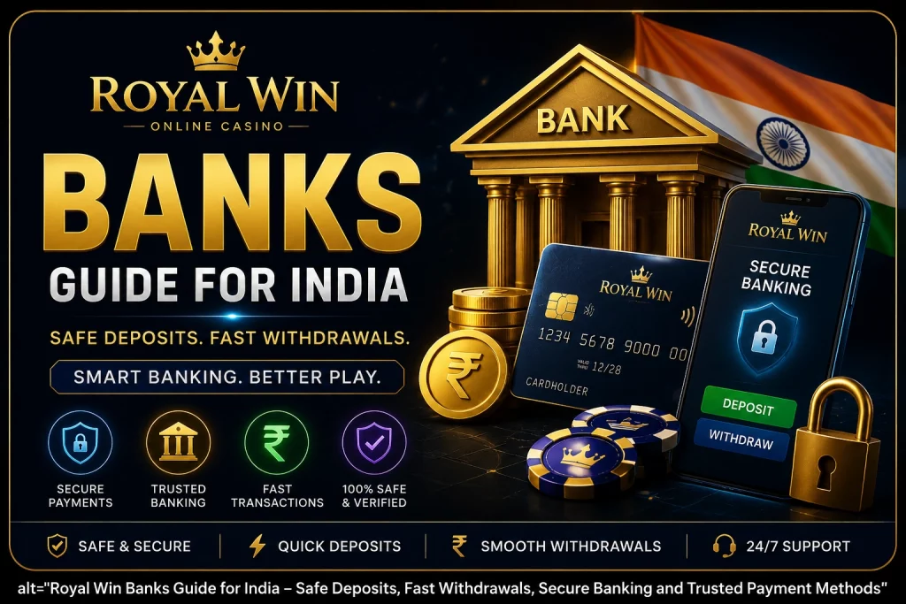 Royal Win Banks Guide India banner with secure banking screen, deposit and withdrawal buttons, rupee coins, bank building and casino chips