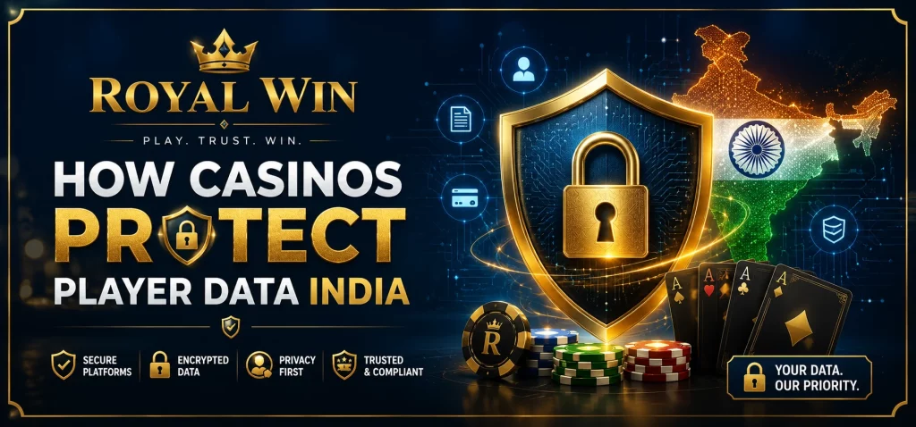 Royal Win banner for How Casinos Protect Player Data India article with gold shield, secure lock, India map, casino chips, playing cards, and privacy protection icons