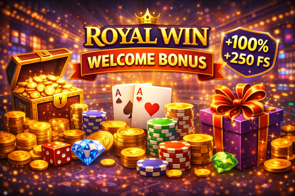 Casino welcome bonus with gold coins, gift box, poker chips and cards