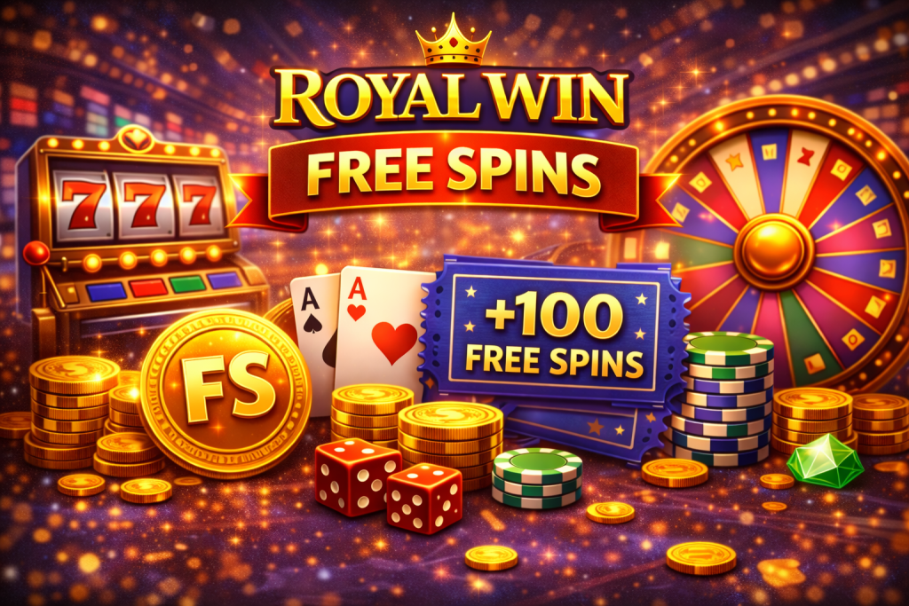 Free spins bonus with slot machine reels, coins, and casino chips