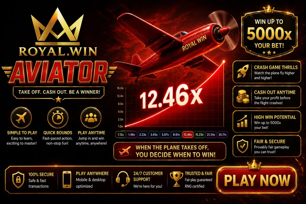 Royal Win Aviator slot banner with red airplane, rising multiplier graph, high win potential up to 5000x and premium black and gold casino design