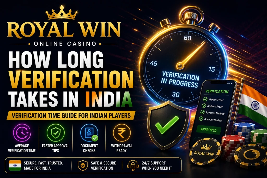 Royal Win How Long Verification Takes India banner with stopwatch, verification progress screen, secure KYC icons and casino chips
