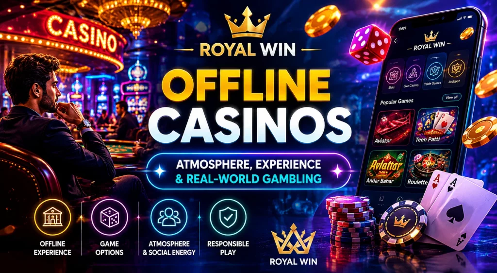 Royal Win Offline Casinos guide banner with casino floor, live table atmosphere, mobile gaming screen, chips and cards